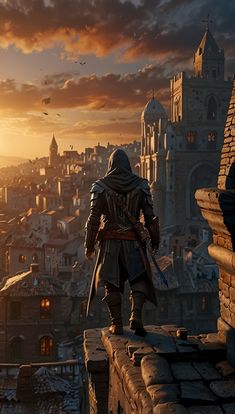 a man standing on top of a building next to a city at sunset with the sun behind him