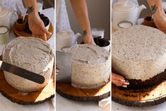 the process of decorating a cake with frosting and chocolate shavings is shown