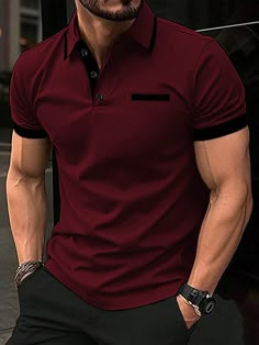 Burgundy Casual Collar Short Sleeve Knitted Fabric Plain  Embellished High Stretch All Men Clothing Men Polo T Shirt Outfit, Red Polo Shirt Outfit Men, Mens Clothing Styles Over 40, Office Casual Men, Man Polo Shirt, Polo Ideas, Polo T Shirts For Men, Men In Red, Polo Shirt Outfits