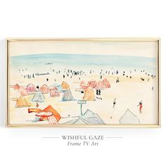 a watercolor painting of people on the beach