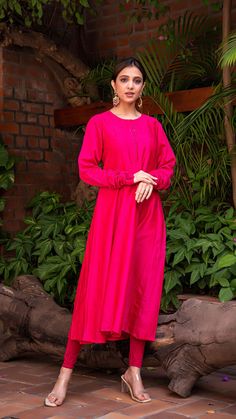 Maahi Chanderi Silk Anarkali Kurta In Rani Pink – Ethereal Outfitters Designer Tussar Silk Straight Kurta Dress, Designer Cotton Silk Maxi Kurta, Eid Cotton Silk Maxi Kurta, Festive Maxi-length Raw Silk Kurta, Designer Chanderi Kurta Maxi Length, Tussar Silk Straight Kurta Dress, Cotton Silk Maxi Salwar Kameez For Eid, Cotton Silk Maxi Length Salwar Kameez For Eid, Bollywood Style Raw Silk Maxi Kurta