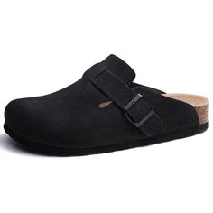 PRICES MAY VARY. Classic Suede Clogs: The no-stitch soft upper is crafted from high-grade genuine suede, classic outlook design with retro-style bronze buckles perfect for complementing various outfits, from casual jeans to formal suits. Step into comfort and style with these women's clogs! Ultimate Comfort: The flexible cork footbed with a deep heel cup molds to your feet, providing personalized arch support that relieves foot pressure, while the suede-lined footbed is cushioned and sweat-absor Shoes For Wide Feet Woman, Potato Shoes, Shoes For Wide Feet, Mens Sandals Beach, Black Clogs, Suede Clogs, Clog Slippers, Suede Slippers, Women's Clogs