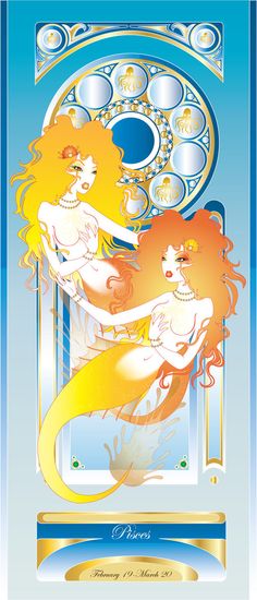 two mermaids in front of a mirror with bubbles on the water and gold trimming