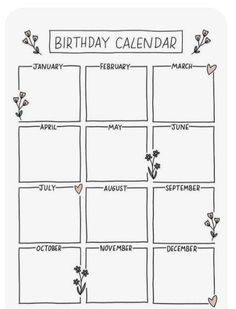 a birthday calendar with flowers and hearts on the page, which is written in black ink