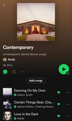 Spotify
Playlist 
Contemporary 
Slow songs Songs Playlist Spotify, Dance Contemporary, Playlist Spotify, Slow Songs, Dance Songs, James Arthur, Spotify Playlists