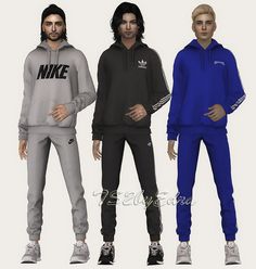 three male models in different colored sweat suits