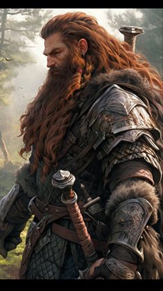 a man with long red hair and beard wearing armor