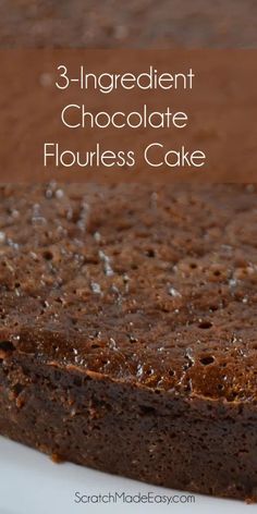 a chocolate cake on a white plate with the words 3 ingredient chocolate flourless cake