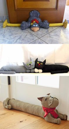 stuffed animals are sitting on the floor and in front of a cat bed, next to an open door