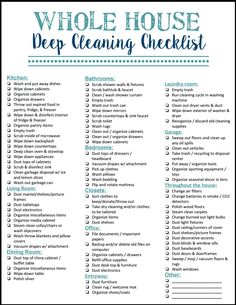 the whole house deep cleaning checklist is shown in blue and white with words above it