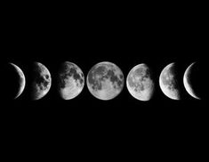 five phases of the moon are shown in black and white, with one half lit up