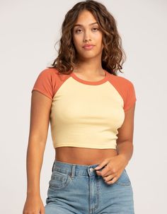 Rsq Solid Raglan Tee. Solid Wash. Contrasting Ribbed Crew Neckline And Short Sleeves. Cropped Fit. 60% Cotton, 40% Polyester. Machine Wash. Imported. Model Is Wearing A Size Small Model Measurements:height: 5'7" Bust: 32"waist: 25"hips: 36" Casual Fitted Color Block T-shirt, Stretch Cotton Color Block Tops, Casual Stretch Color Block Tops, Summer Color Block Cotton Tops, Fitted Color Block Short Sleeve Top, Summer Cotton Color Block Tops, Color Block Relaxed Fit Tops For Summer, Relaxed Fit Color Block Tops For Summer, Summer Color Block Short Sleeve Crop Top