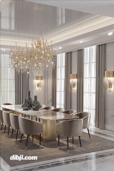 an elegant dining room with chandelier and chairs