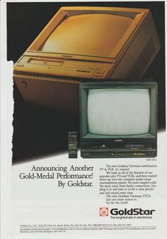 an advertisement for the goldstar television, with a small tv in front of it