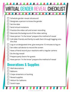 a printable checklist with the words virtual gender reveal and other things to do