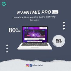 a laptop computer sitting on top of a table next to a white circle with the words eventmie pro