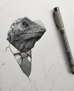 a pencil drawing of a lizard wearing a suit and tie, with the caption'iguana on it