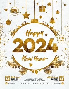 the new year flyer is shown with gold decorations and stars on it's white background