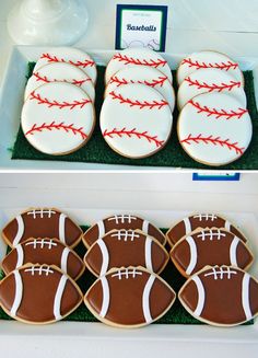 decorated cookies in the shape of footballs on display