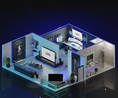 an aerial view of a living room and kitchen area in a house with blue lighting