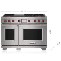 an image of a stove with two ovens and the measurements for each burner