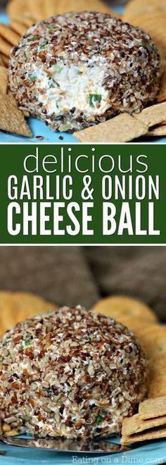 delicious garlic and onion cheese ball on a blue plate with crackers in the background