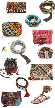 1. Gaia embroidered clutch | 2. colorful set of 5 stretch bracelets with semi-precious stones | 3. pyrite and agate stones bracelet set | 4. cotton fold clutch | 5. Hipanema bracelet | 6. Banjo embellished clutch | 7. bohemian leather sandals | 8. Antik Batik clutch | 9. bracelets in a mix of horn, rosewood, and brass | 10. embroidered pouch handbag | 11. five stretch bracelets with semi-precious stones and a chain tassel | 12. petite, embroidered pouch | 13. large stone ring Bijoux Art Nouveau, Tenun Ikat, Mode Hippie, Boho Life, Embroidered Clutch, Hippie Chick, Estilo Hippie