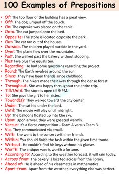 the rules for prepositions to use in an english language class, including words and numbers