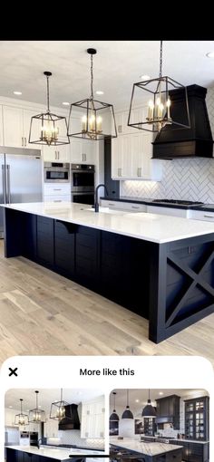 an image of a kitchen with black and white decor on the counter tops, island in the middle