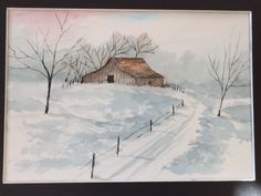 a watercolor painting of a barn in the snow with trees and fence around it