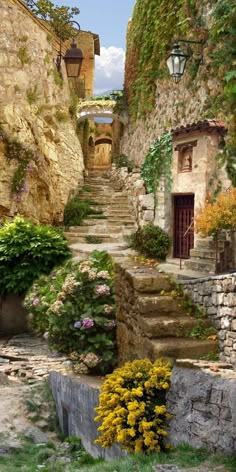 an old stone house with steps leading up to the door and flowers growing on the side