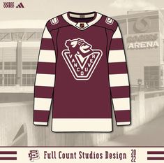 the maroon and white hockey jersey is on display