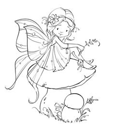 a coloring page with a little fairy on the grass