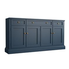 the sideboard is painted blue and has brass knobs on each drawer, along with two