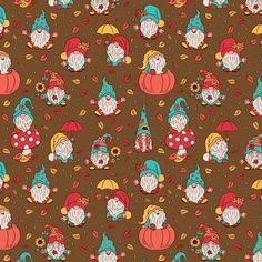 a brown background with gnomes and pumpkins