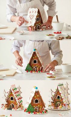 a man in an apron decorating a gingerbread house