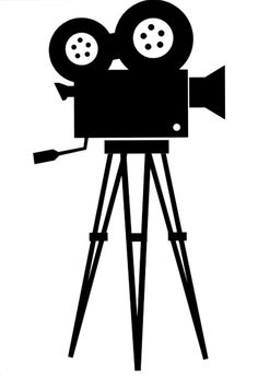 a black and white silhouette of a movie camera on a tripod with the film reel attached to it