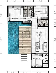 the floor plan for an apartment with swimming pool