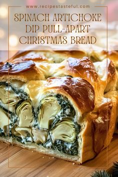 spinach artichoke dip pull apart christmas bread on a cutting board with text overlay