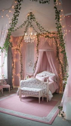 a bedroom decorated in pink and white with fairy lights on the ceiling, canopy bed and chandelier