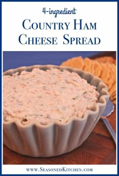 an image of country ham cheese spread in a pie pan with crackers on the side