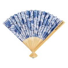 a blue and white fan with gold trims on the top, in front of a white background