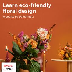 a table with flowers and candles on it in front of an advertisement for floral design