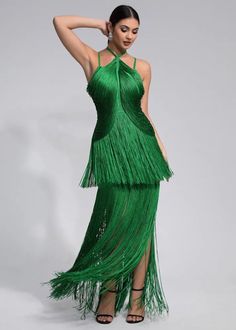 This elegant Tassel Decor Halter Maxi Dress is perfect for any occasion. The halter neck design adds a touch of sophistication while the tassel details elevate the look. Made with high-quality fabric in a stunning green hue, this dress is both comfortable and stylish. Perfect for achieving a chic and timeless look. Fabric: Slight Stretch Material: Polyester Fiber Sleeveless Green Midi Dress For Gala, Elegant Green Halter Dress For Evening, Elegant Green Halter Evening Dress, Floor-length Dresses With Tassels For Gala, Floor-length Gala Dresses With Tassels, Green Halter Neck Dress For Evening, Green Halter Neck Cocktail Dress, Elegant Green Halter Neck Dress, Green Floor-length Halter Dress For Party