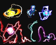 an assortment of neon colored lights on a black background