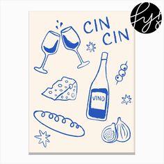 a card with wine, cheese and bread on it that reads cin cin