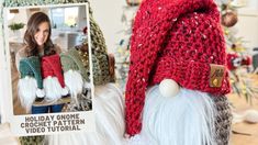 a crocheted gnome hat with red and white pom - poms on it