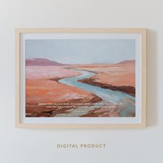 a painting hanging on the wall next to a white frame with a quote about digital product