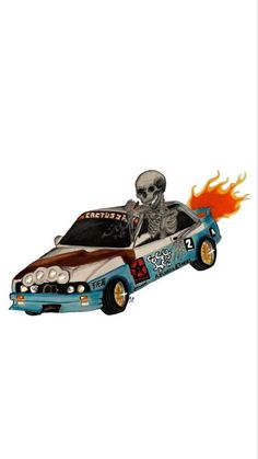 a skeleton driving a car with flames coming out of it