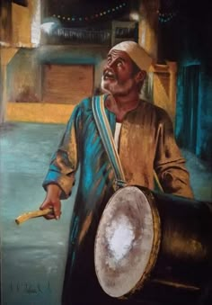 a painting of a man holding a drum